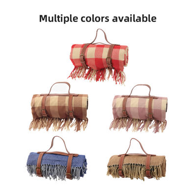 Portable Camping Picnic Blanket Washable Plaid Polyester Mat For Picnic With Leather Handle