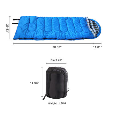 210T Polyester Camping Sleeping Bags Blue Flannel Sleeping Bag Rectangular Shaped
